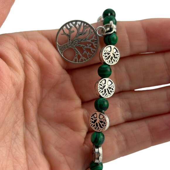 Tree of Life Bracelet Green Malachite Beads Silver Tone Stretch Boho Yoga Beaded - Picture 4 of 8